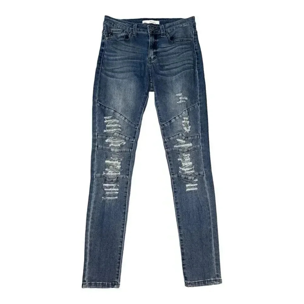 KanCanβWomen's Distressedβ Skinny Fit Biker Jeans Blue Size 7 W27 Dark Wash